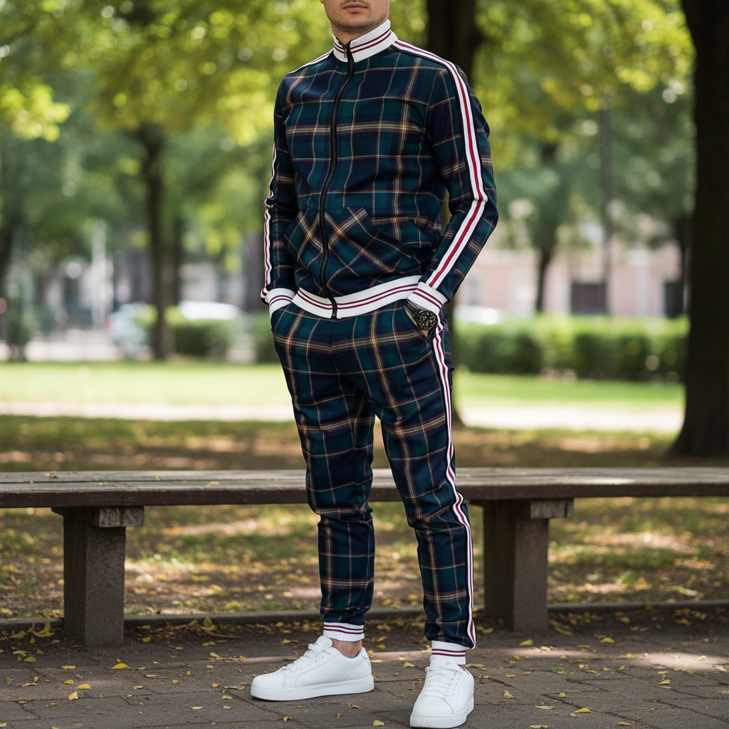 Men's sporty checkered tracksuit in polyester blend, ideal for casual wear or training