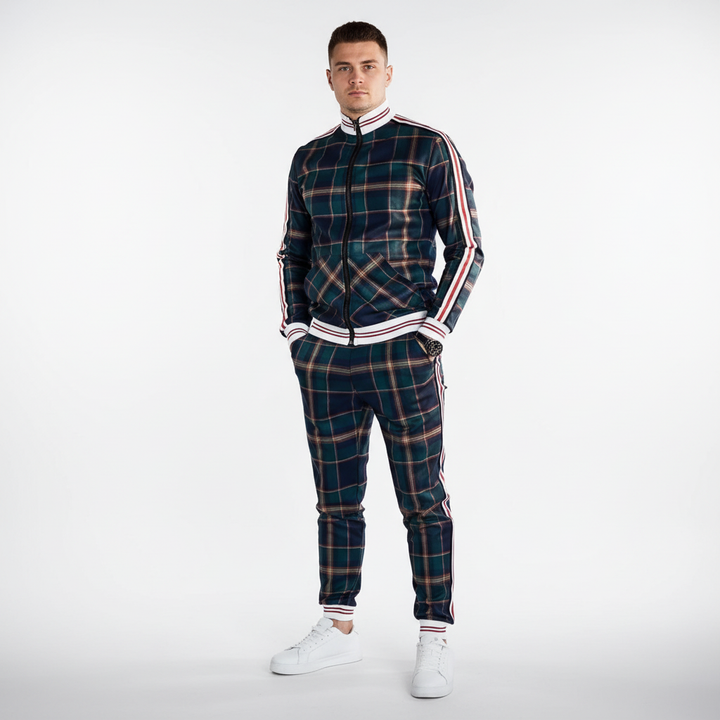 Full set men's checkered training outfit with jacket and pants for spring/autumn fashion