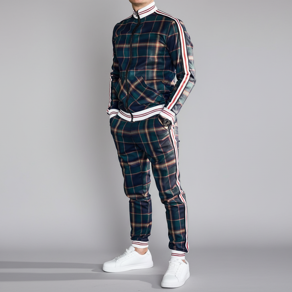 Vincent men's full tracksuit, a checkered sporty outfit made from a polyester blend