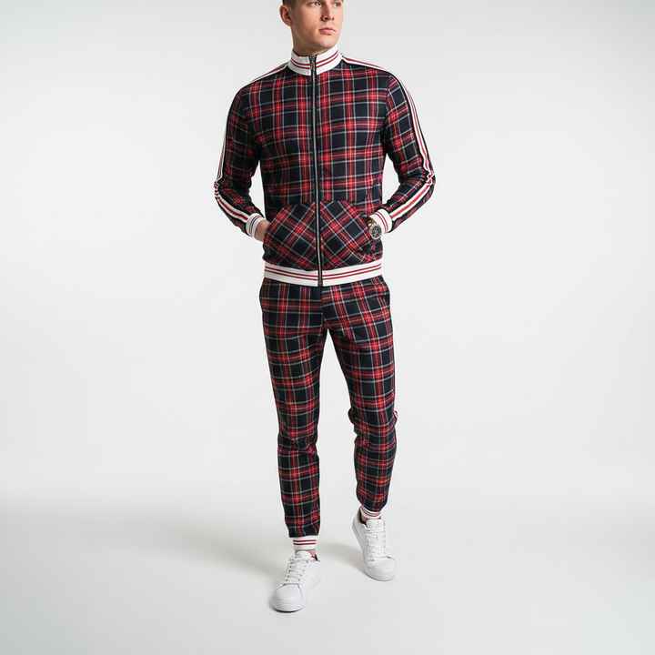 Athlete in men's checkered training set, showcasing the sporty design and fit