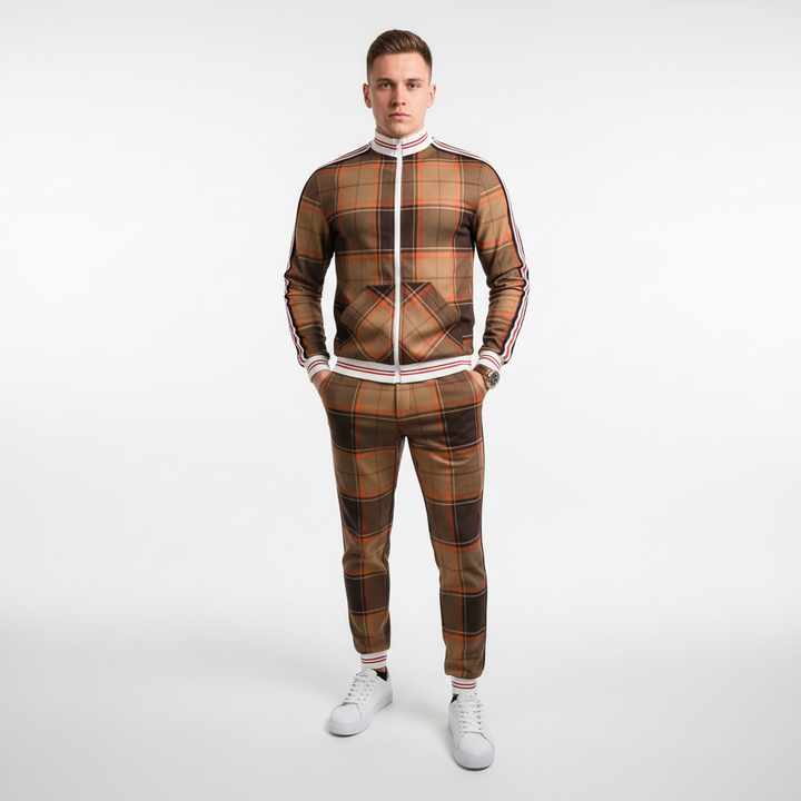 Textured image of men's polyester blend tracksuit with a modern checkered pattern