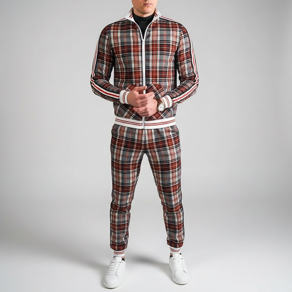 Close-up of the checkered fabric on the men's sporty training set, highlighting detail