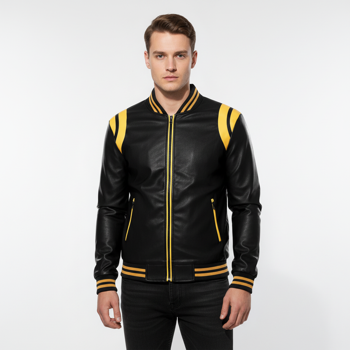 Jonathan men's vegan leather bomber jacket, casual, with full zip closure and ribbed collar