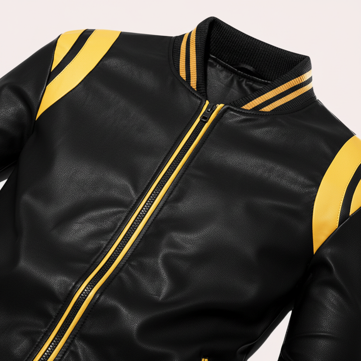 Sporty men's outerwear, black faux leather bomber jacket, close-up of zipper and collar detail