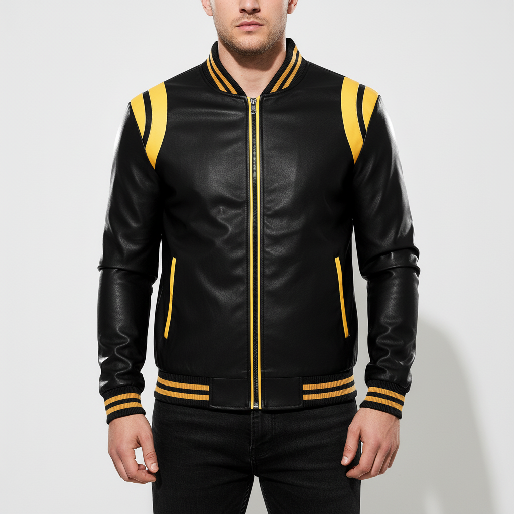Mens fashion bomber jacket, black, made from faux leather with sporty striped waist and cuffs