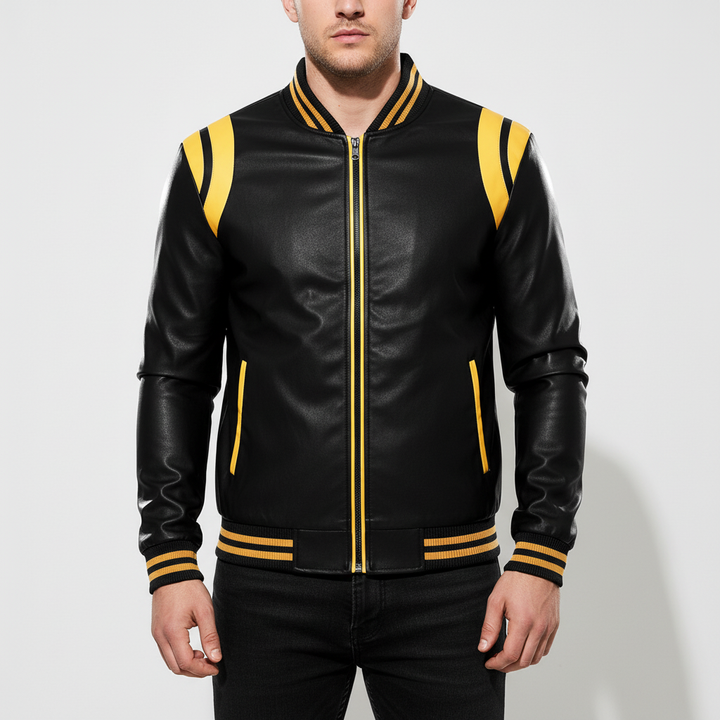 Mens fashion bomber jacket, black, made from faux leather with sporty striped waist and cuffs