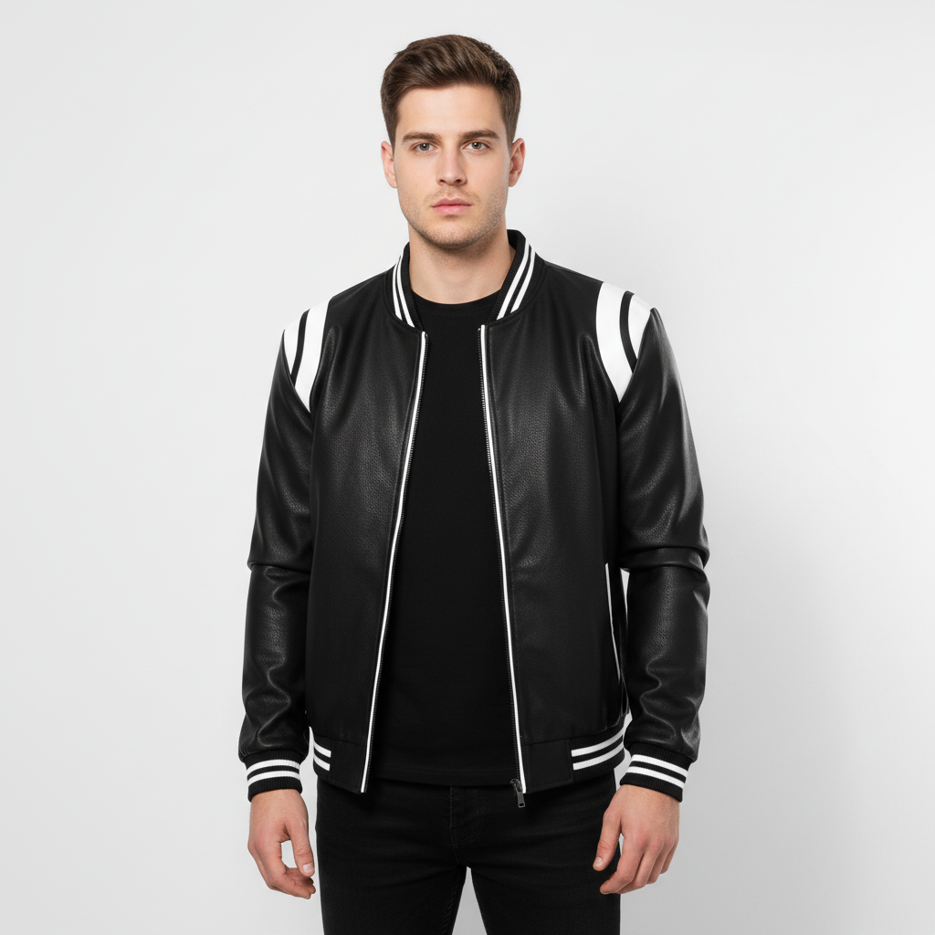 Casual wear Jonathan jacket for men, black faux leather, bomber style with functional side pockets