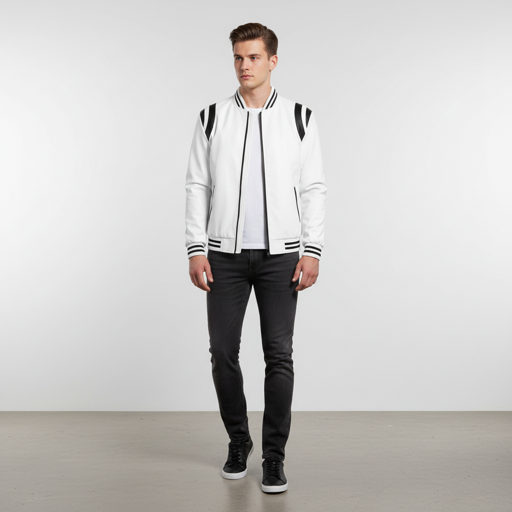 Men's black faux leather bomber jacket, sporty design with a comfortable, stylish fit for outerwear