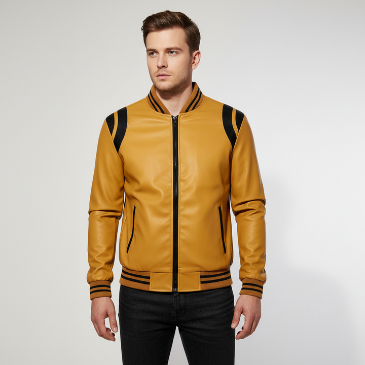 Vegan leather men's jacket, bomber style in black, featuring subtle striped accents and zip front