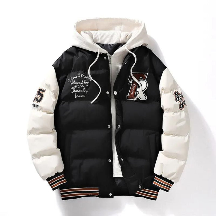 Men's sporty hooded winter jacket, insulated for cold weather outdoor activities and durable style.