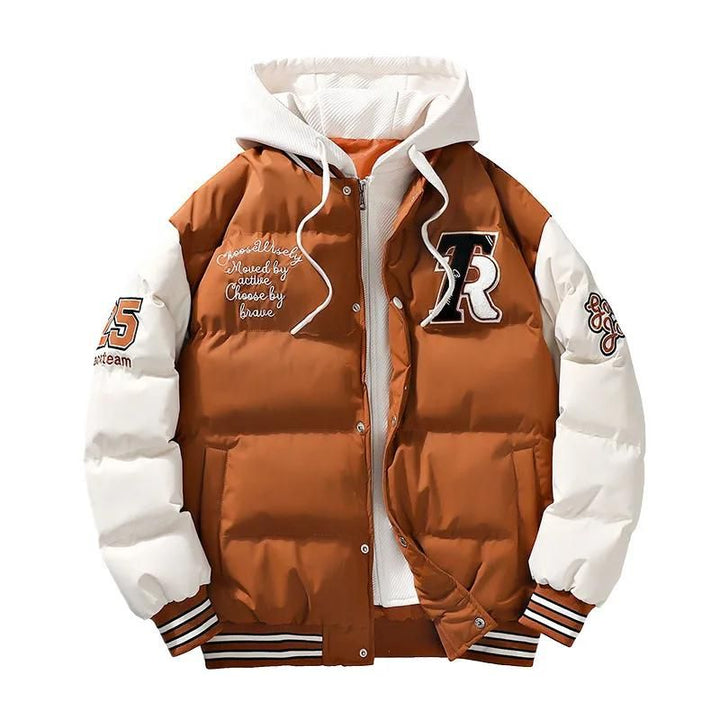 Durable men's insulated winter jacket with hood, perfect for extreme cold and active outdoor adventures.