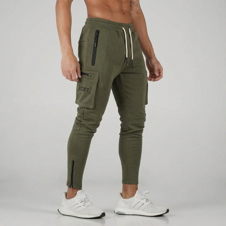 Stylish men's activewear pants, tapered, offering secure storage for running or casual outings.