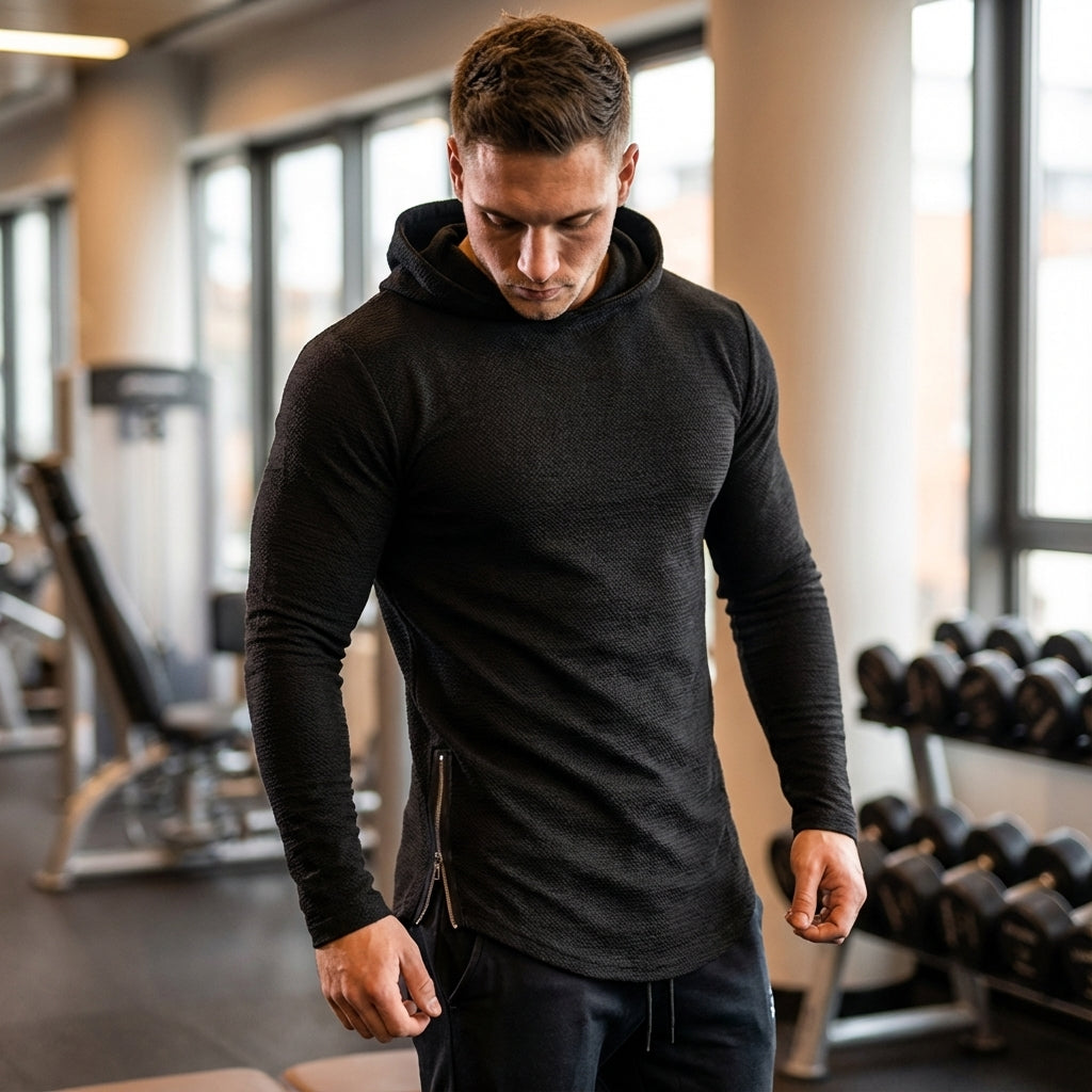Men's sporty training hoodie with full zipper. Ideal activewear for gym & fitness sessions.