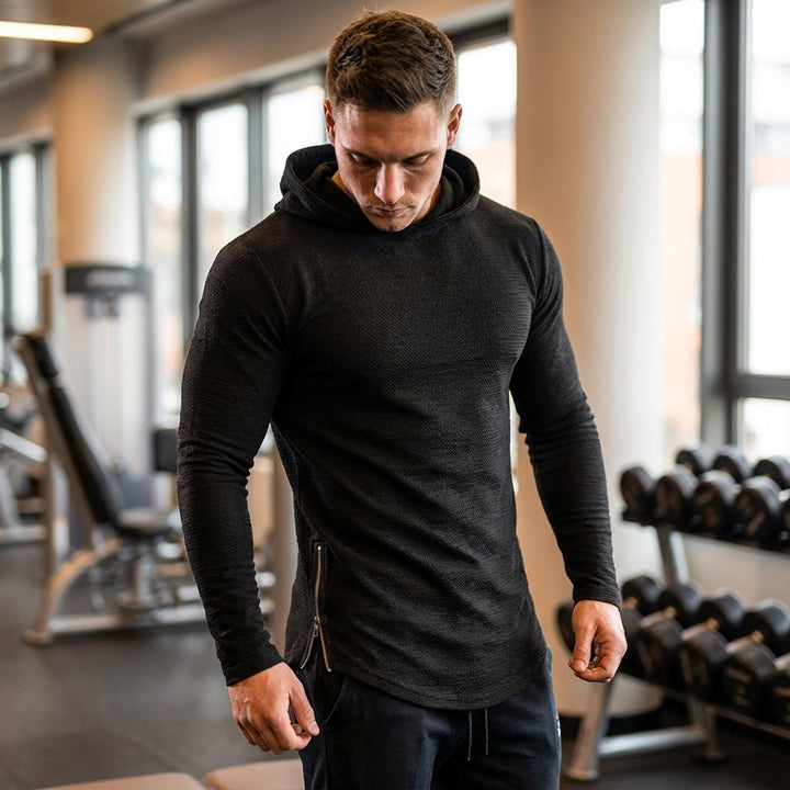 Men's sporty training hoodie with full zipper. Ideal activewear for gym & fitness sessions.