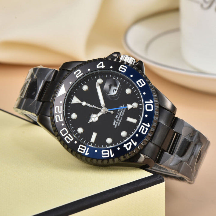 Men's stainless steel GMT dual time zone wrist watch. Luxury sport timepiece with a sleek black dial for travelers.