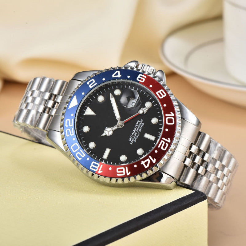 Close-up of men's GMT dual time travel watch dial, showing two time zones, luminescent hands & date.