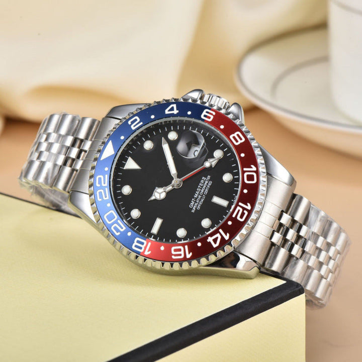 Close-up of men's GMT dual time travel watch dial, showing two time zones, luminescent hands & date.