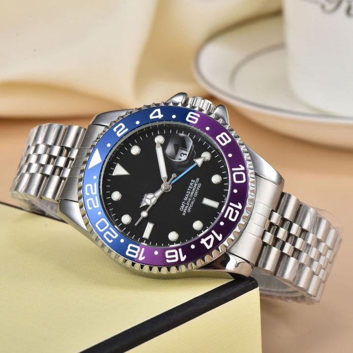 Men's luxury stainless steel GMT wrist watch on a traveler's arm, displaying dual time zones. Perfect for global adventures.