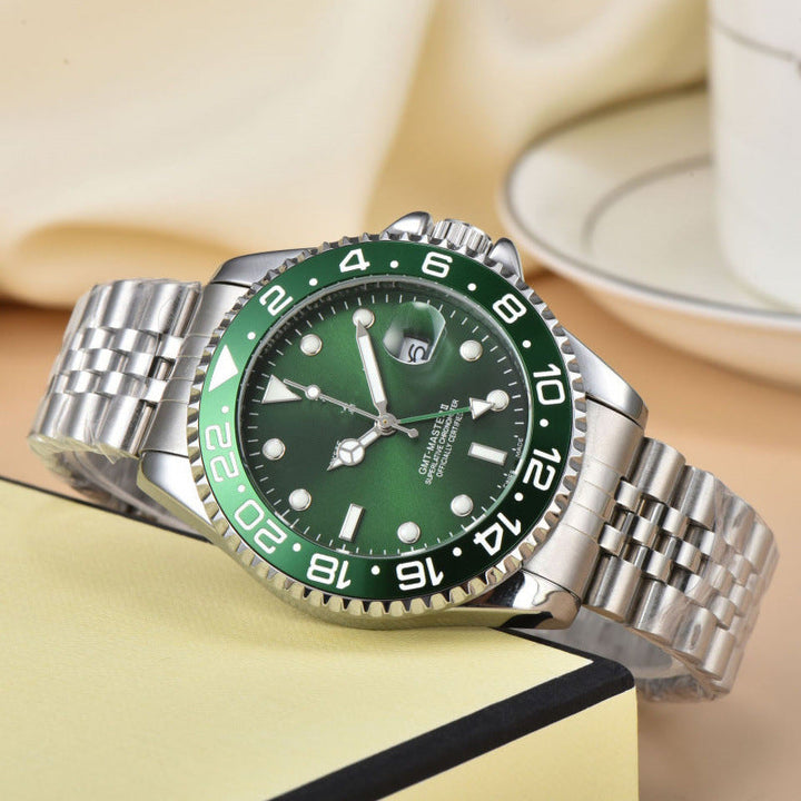 Side view of a men's sport GMT dual time watch. Polished stainless steel case & crown, a durable travel timepiece.