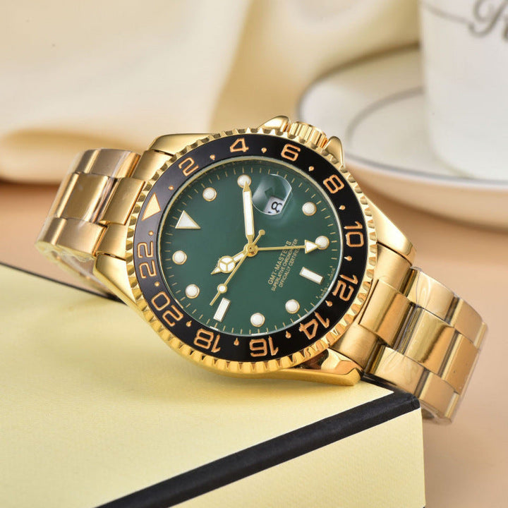 Stylish men's stainless steel GMT dual time wrist watch. A robust and accurate luxury timepiece for business and sport.