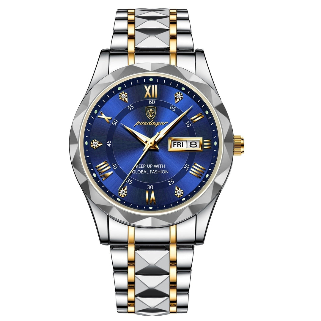 Men's stainless steel watch with luminous hands and date display.