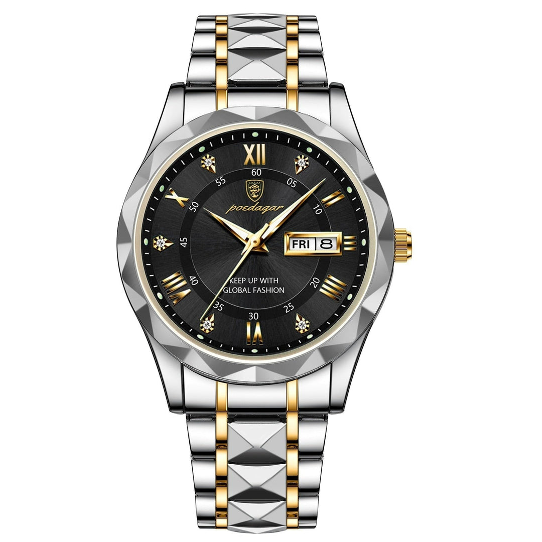 Water resistant men's watch: stainless steel, luminous, day-date functionality.