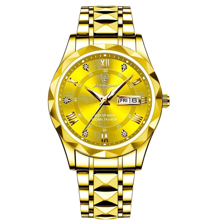 Versatile men's quartz watch, water resistant, luminous, stainless steel bracelet.