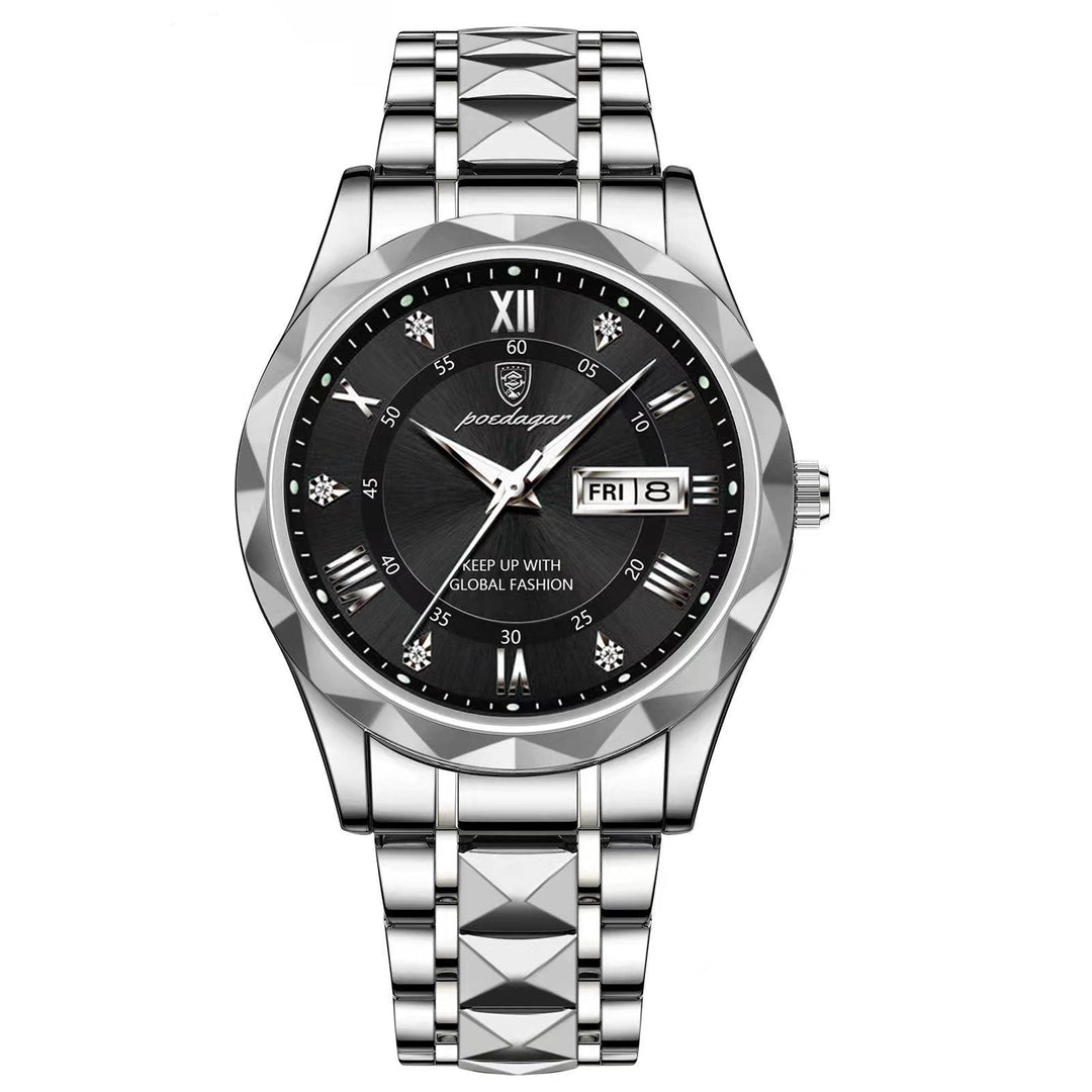 Men's elegant stainless steel watch, luminous dial, day-date, and quartz precision.
