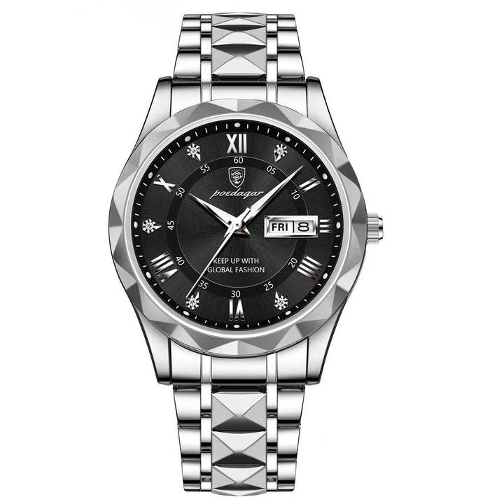 Men's elegant stainless steel watch, luminous dial, day-date, and quartz precision.