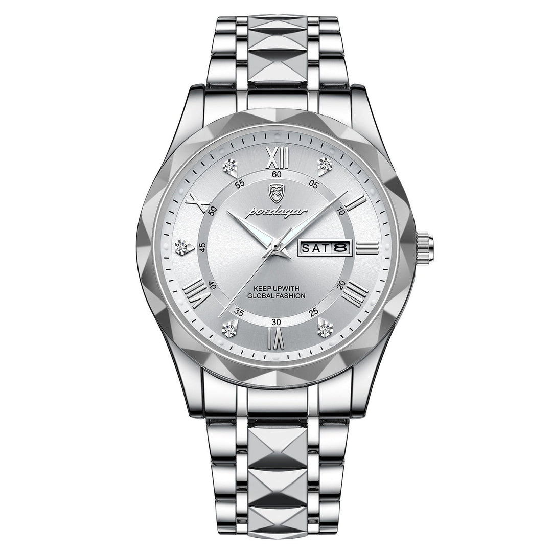 Classic men's luminous stainless steel watch, water resistant, versatile for any man.