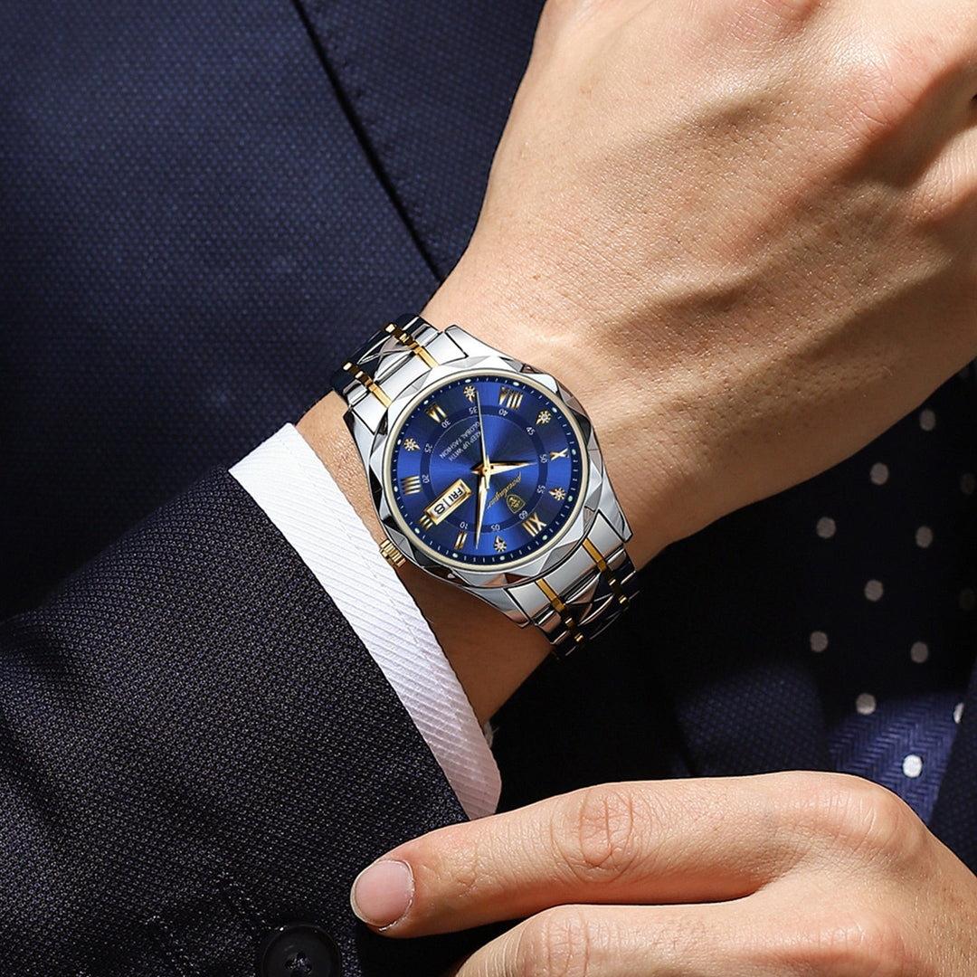 Elegant men's watch: stainless steel case, luminous display, quartz movement.