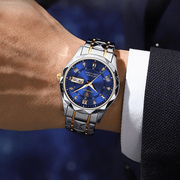 Durable men's stainless steel watch with water resistance and luminous dial.