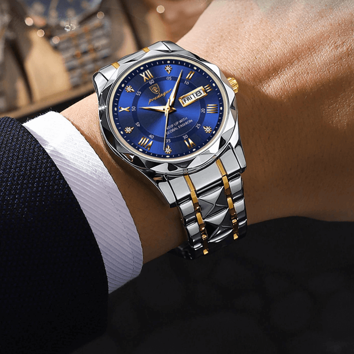 Classic men's watch featuring stainless steel, luminous display, and date.