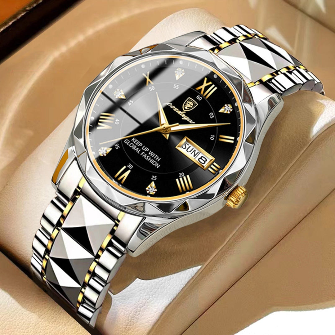 Stylish men's quartz watch, stainless steel, water resistant, day display.