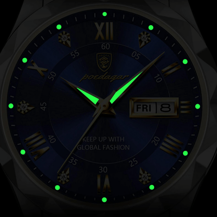 High-quality men's stainless steel watch with luminous hands and quartz accuracy.