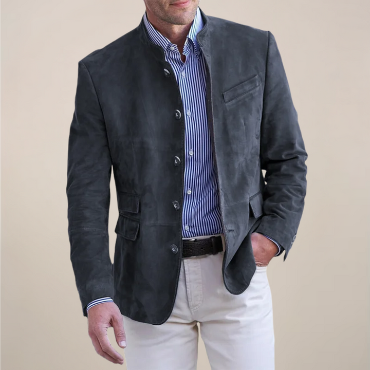 Men's stand collar blazer in a dark shade, perfect for a smart casual look or business event. Versatile layering.