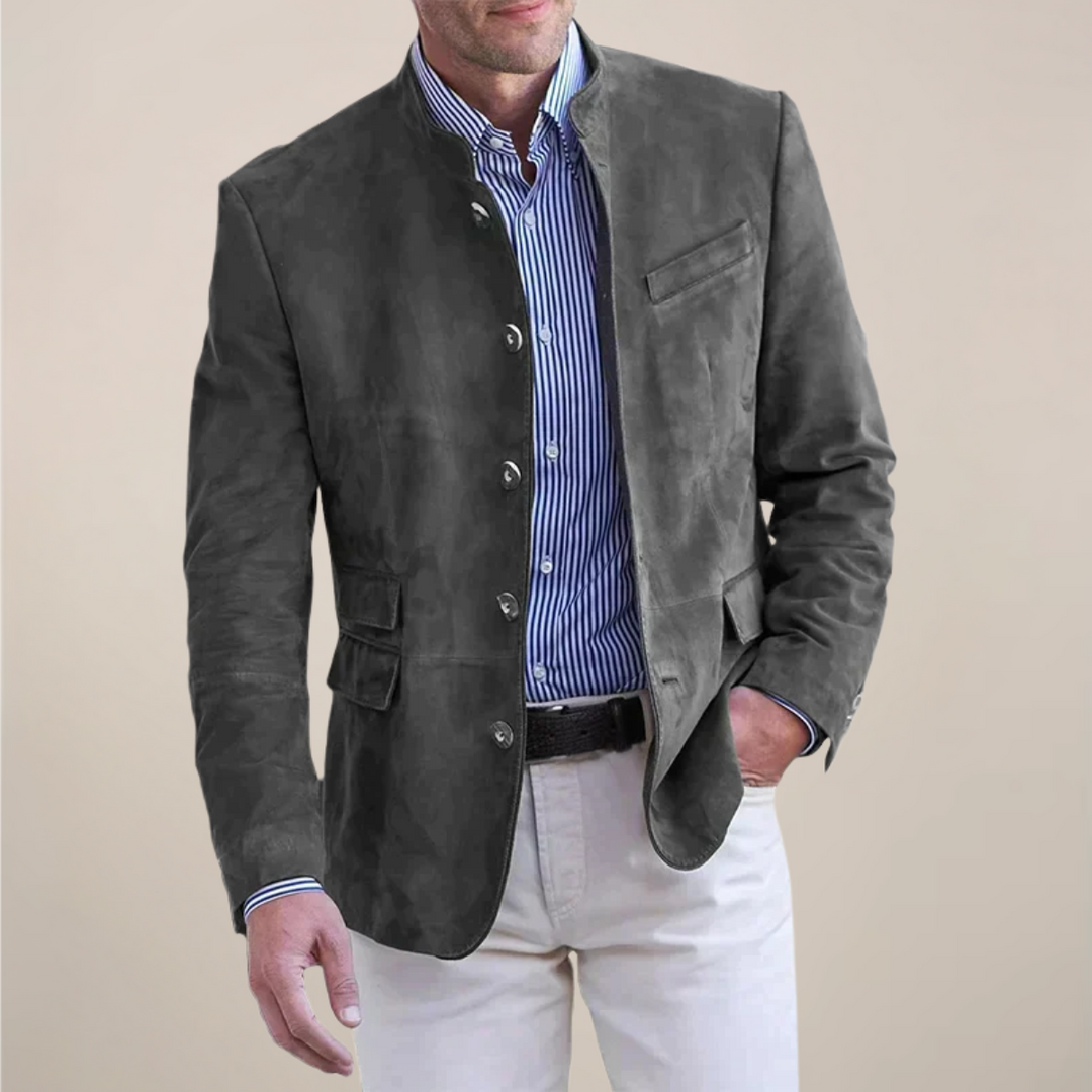 Classic men's stand collar blazer, a key piece for smart casual layering. Elevates any outfit from casual to formal.