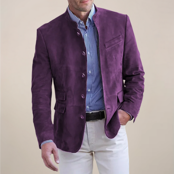 Smart men's stand collar blazer. A versatile layering jacket for a refined casual or dressed-up formal aesthetic.