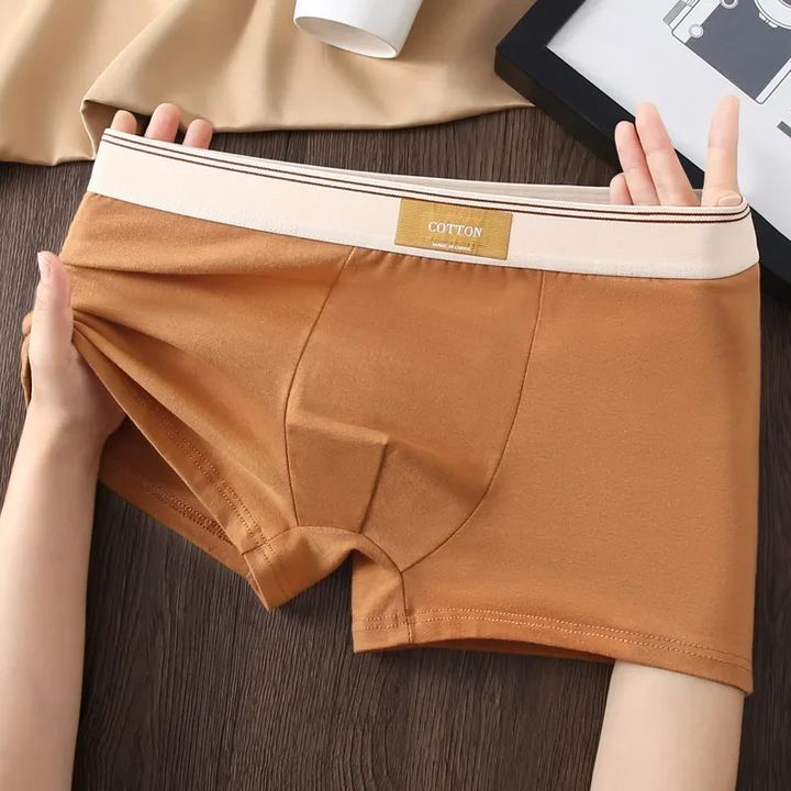 Three pairs of men's stay-tucked performance boxer briefs, essential underwear for men.