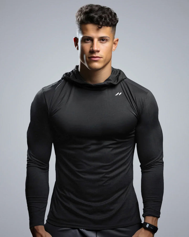 Men's Stealth Performance Baselayer Hoodie for active comfort, moisture-wicking & stretch fit.