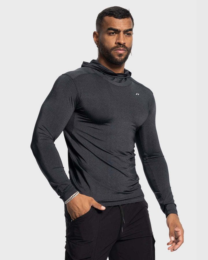 Durable men's workout gear: a baselayer hoodie providing athletic comfort & moisture control.