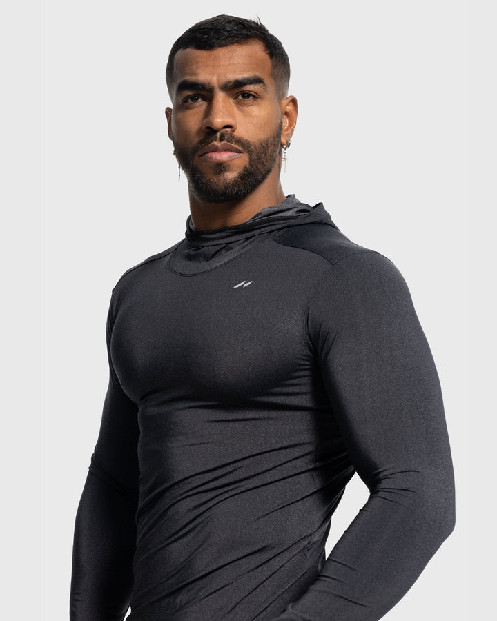 Men's running apparel baselayer hoodie, designed for stretch fit, comfort & wicking.
