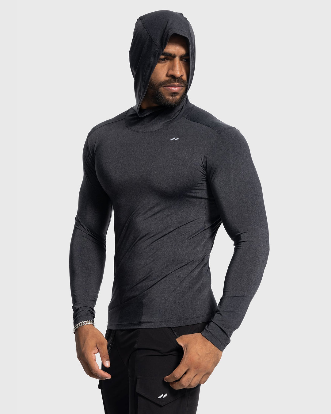 Performance baselayer hoodie for men's sports training, featuring active comfort & stretch.