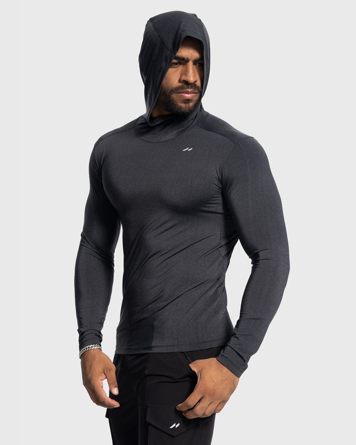 Performance baselayer hoodie for men's sports training, featuring active comfort & stretch.