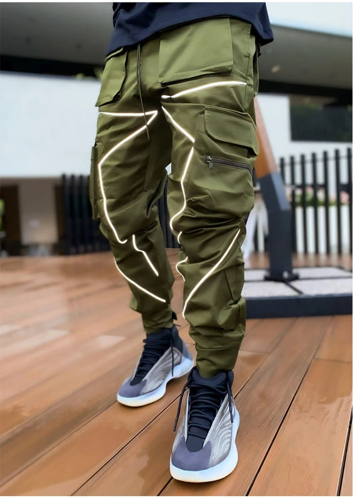 Men's Stealth reflective cargo pants, a comfortable, water-resistant choice for casual or athletic use.
