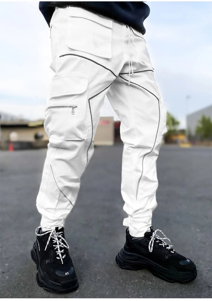 Men's comfortable, water-resistant reflective cargo jogger pants, ideal for year-round wear.
