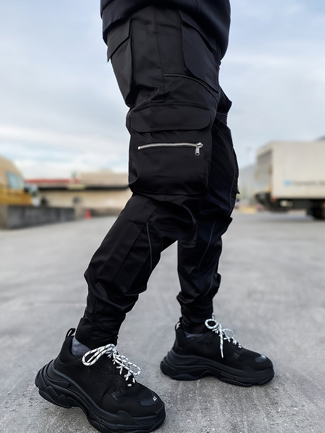 Front view of men's Stealth reflective cargo jogger pants, perfect for athletic and casual wear.
