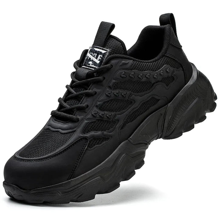 Breathable men's steel toe safety sneakers, comfortable, anti-slip work shoes for long shifts.