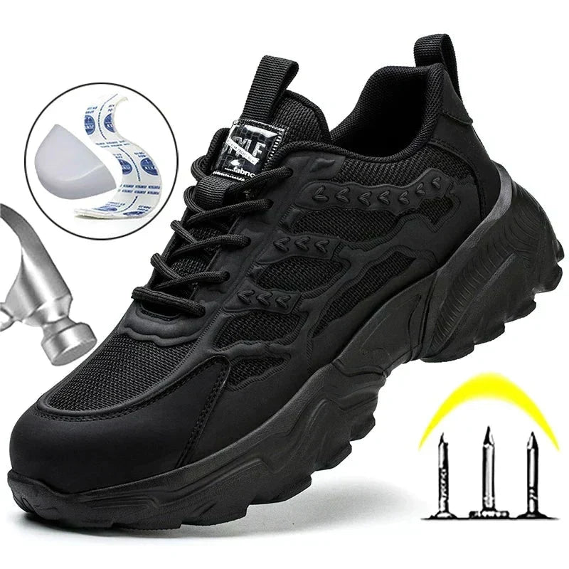 Protective men's steel toe safety sneakers, comfortable work boots for industrial environments.