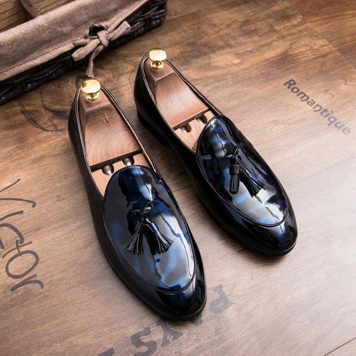 Men's Sterling Midnight loafers, polished blue leather, all-day comfort, elegant formal footwear.